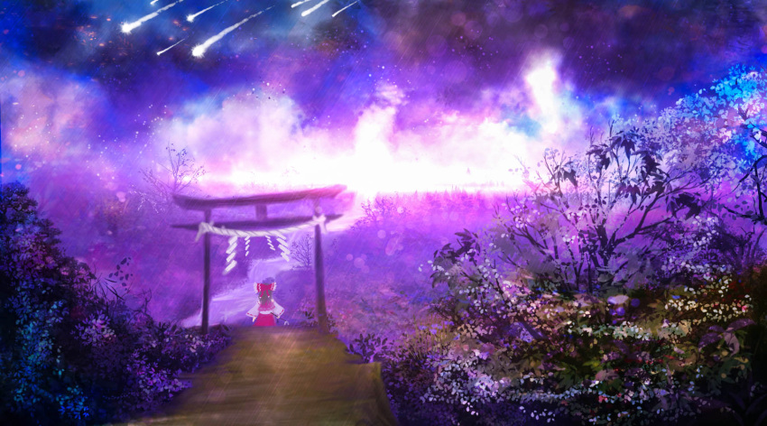 1girl akyuun black_hair bow commentary cowboy_shot detached_sleeves from_behind gohei hair_bow hakurei_reimu highres milky_way night night_sky outdoors path red_skirt red_vest ribbon-trimmed_sleeves ribbon_trim road shooting_star sitting skirt sky solo star_(sky) starry_sky torii touhou tree vest