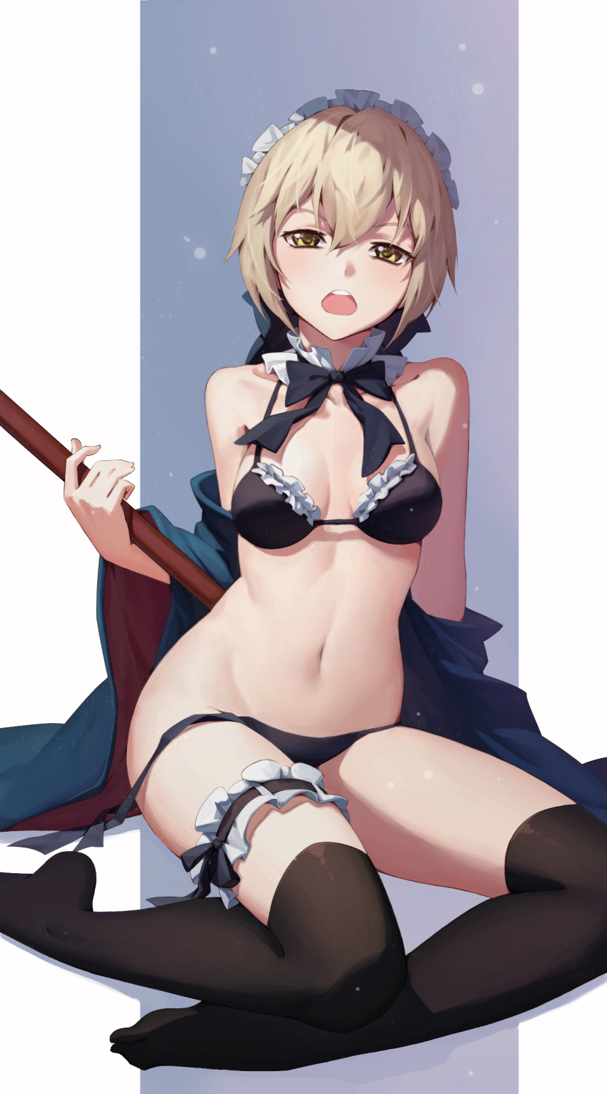 1girl apron artoria_pendragon_(all) artoria_pendragon_(swimsuit_rider_alter)_(fate) bikini black_bikini black_legwear blonde_hair blush breasts broom chunrijun_(springer) fate/grand_order fate_(series) highres looking_at_viewer maid_bikini maid_headdress medium_breasts navel open_mouth saber_alter short_hair solo swimsuit thigh-highs yellow_eyes