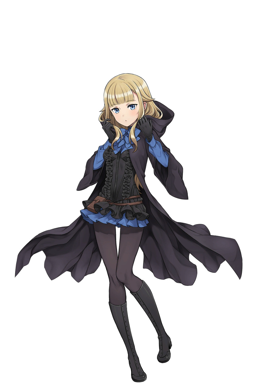 1girl black_boots black_gloves black_legwear blonde_hair blue_eyes blue_skirt boots cloak frilled_skirt frills full_body gloves hand_up highres hood hood_down knee_boots long_hair looking_at_viewer official_art pouch princess_(princess_principal) princess_principal princess_principal_game_of_mission skirt solo wide_sleeves
