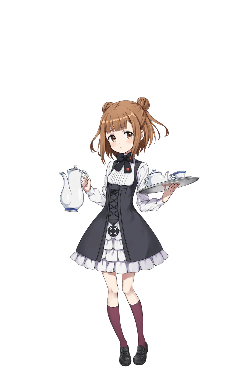 1girl bangs beatrice_(princess_principal) black_bow black_shoes blunt_bangs bow brown_eyes brown_hair double_bun highres holding holding_tray kneehighs looking_at_viewer mary_janes official_art princess_principal princess_principal_game_of_mission purple_legwear school_uniform shoes short_hair solo standing teapot tray