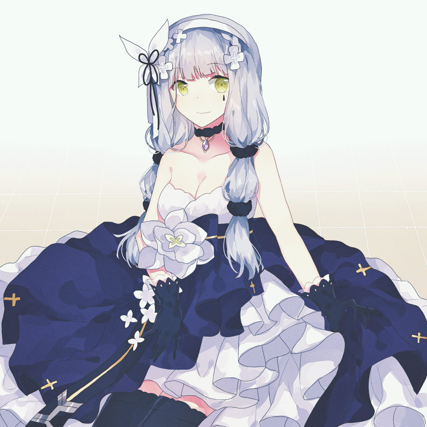 1girl absurdres bangs bare_shoulders black_choker blue_dress blue_gloves blue_legwear blunt_bangs bow breasts choker closed_mouth dress eyebrows_visible_through_hair flower frilled_dress frills gem girls_frontline gloves gocoli hair_bow hair_flower hair_ornament hair_over_shoulder highres hk416_(girls_frontline) jewelry lavender_hair long_hair looking_at_viewer low_twintails medium_breasts necklace sitting smile solo thigh-highs twintails white_background yellow_eyes