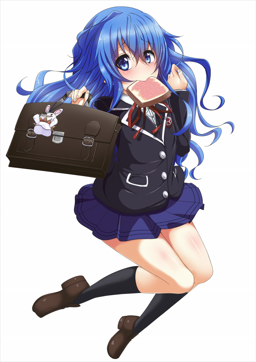 1girl absurdres bag black_legwear blue_eyes blue_hair blush date_a_live eyepatch food food_in_mouth hands_up highres jewelry long_hair looking_at_viewer mouth_hold pendant school_bag school_uniform toast toast_in_mouth tora_hou yoshino_(date_a_live) yoshinon