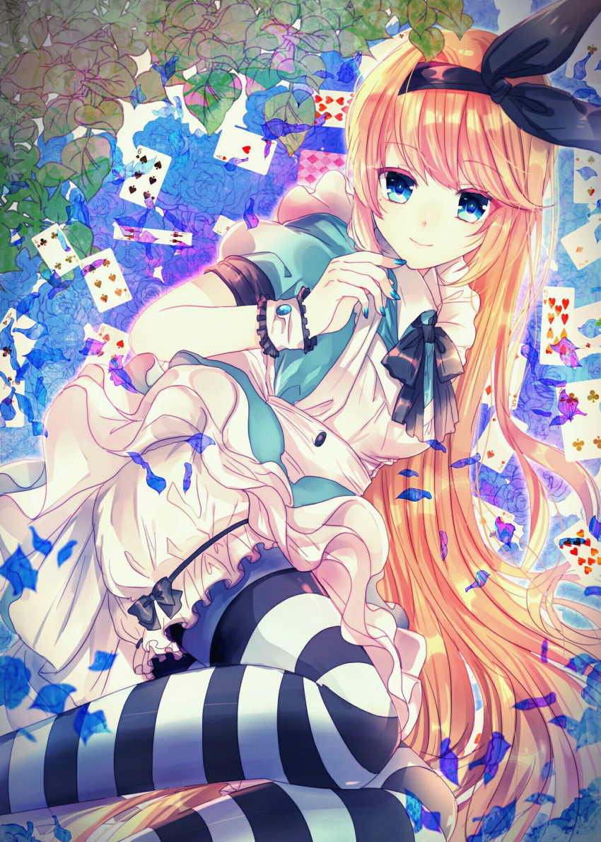 1girl alice_(wonderland) alice_in_wonderland bangs black_bow black_legwear blonde_hair bloomers blue_eyes blue_nails bow card closed_mouth dress eyebrows_visible_through_hair hair_bow highres long_hair looking_at_viewer lying mayoko_na_kuroneko nail_polish on_side orange_hair original pantyhose pinafore_dress playing_card smile solo striped striped_legwear swept_bangs underwear white_dress white_legwear