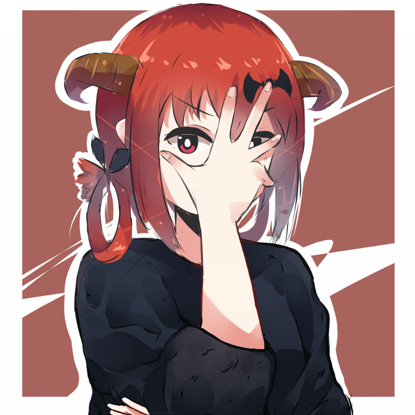 1girl bat_hair_ornament black_shirt chuunibyou covering_face demon_horns eyebrows_visible_through_hair gabriel_dropout hair_ornament hair_ribbon hair_rings hand_on_own_face highres horns kurumizawa_satanichia_mcdowell medium_sleeves red_background red_eyes redhead ribbon shirt solo tadada upper_body white_pupils