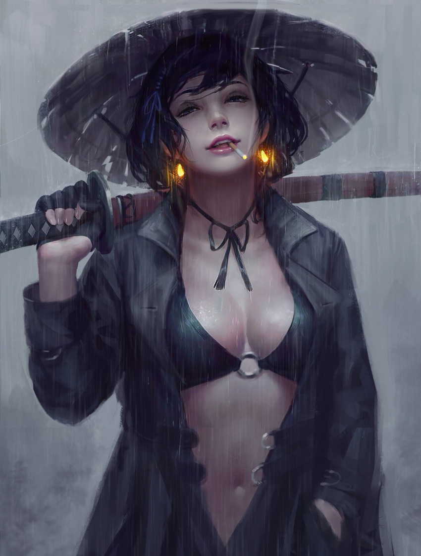 1girl absurdres black_bikini_top black_hair black_jacket blue_eyes breasts breasts_apart cigarette commentary earrings glowing_earrings guweiz hand_in_pocket hat head_tilt highres holding holding_sword holding_weapon jacket jewelry katana long_sleeves looking_at_viewer medium_breasts mouth_hold navel open_clothes open_jacket original parted_lips rain sheath sheathed short_hair smoke solo sword weapon wet