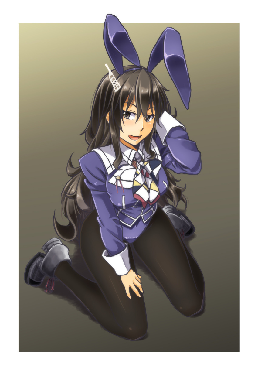 1girl absurdres adapted_costume alto-00 animal_ears ashigara_(kantai_collection) black_background black_hair black_legwear brown_eyes bunnysuit full_body gradient gradient_background grey_background highres kantai_collection kneeling leotard long_hair military military_uniform multicolored_ascot pantyhose purple_leotard rabbit_ears solo uniform