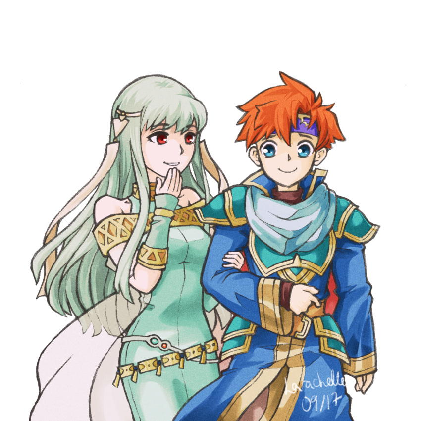 1boy 1girl armor blue_eyes blush cape cosplay dress eliwood_(fire_emblem) eliwood_(fire_emblem)_(cosplay) fire_emblem fire_emblem:_fuuin_no_tsurugi fire_emblem:_rekka_no_ken fire_emblem_heroes green_hair headband highres long_hair looking_at_viewer mother_and_son ninian red_eyes redhead roy_(fire_emblem) short_hair simple_background smile white_background