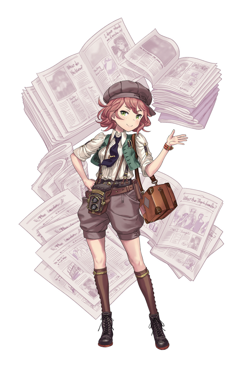 1girl belt black_shoes brown_legwear camera cathy_higgins freckles green_eyes hand_on_hip hat highres looking_at_viewer necktie newspaper official_art pouch princess_principal princess_principal_game_of_mission redhead shoes shorts smile solo standing suspenders thigh-highs vest watch