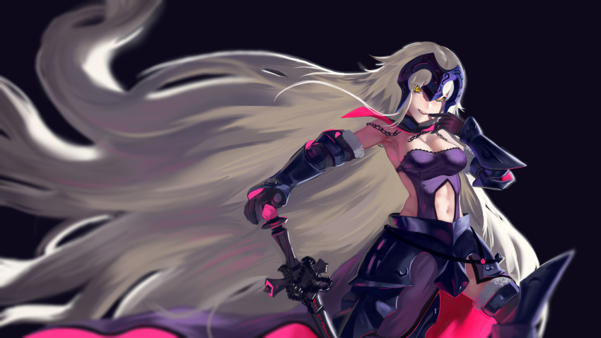 1girl absurdly_long_hair absurdres armor armored_boots armpits black_boots black_gloves boots breasts cleavage cutout fate/grand_order fate_(series) finger_to_mouth floating_hair gloves highres holding holding_sword holding_weapon index_finger_raised jeanne_alter long_hair looking_at_viewer medium_breasts midriff navel parted_lips ruler_(fate/apocrypha) sideboob silver_hair smile solo standing stomach sword thigh-highs thigh_boots very_long_hair weapon xiaoye_eago yellow_eyes