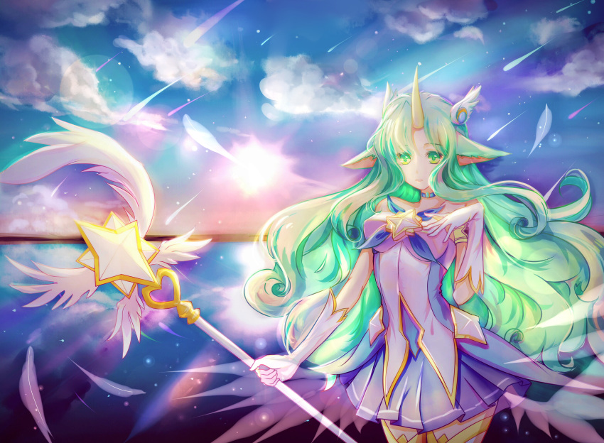 1girl absurdres alternate_costume alternate_hair_color animal_ears armlet blue_skirt clouds falling_star gloves green_eyes green_hair highres league_of_legends long_hair moon qingmingyanhua skirt sky soraka staff standing star_(sky) star_guardian_soraka starry_sky sunlight thigh-highs very_long_hair wavy_hair white_gloves white_legwear