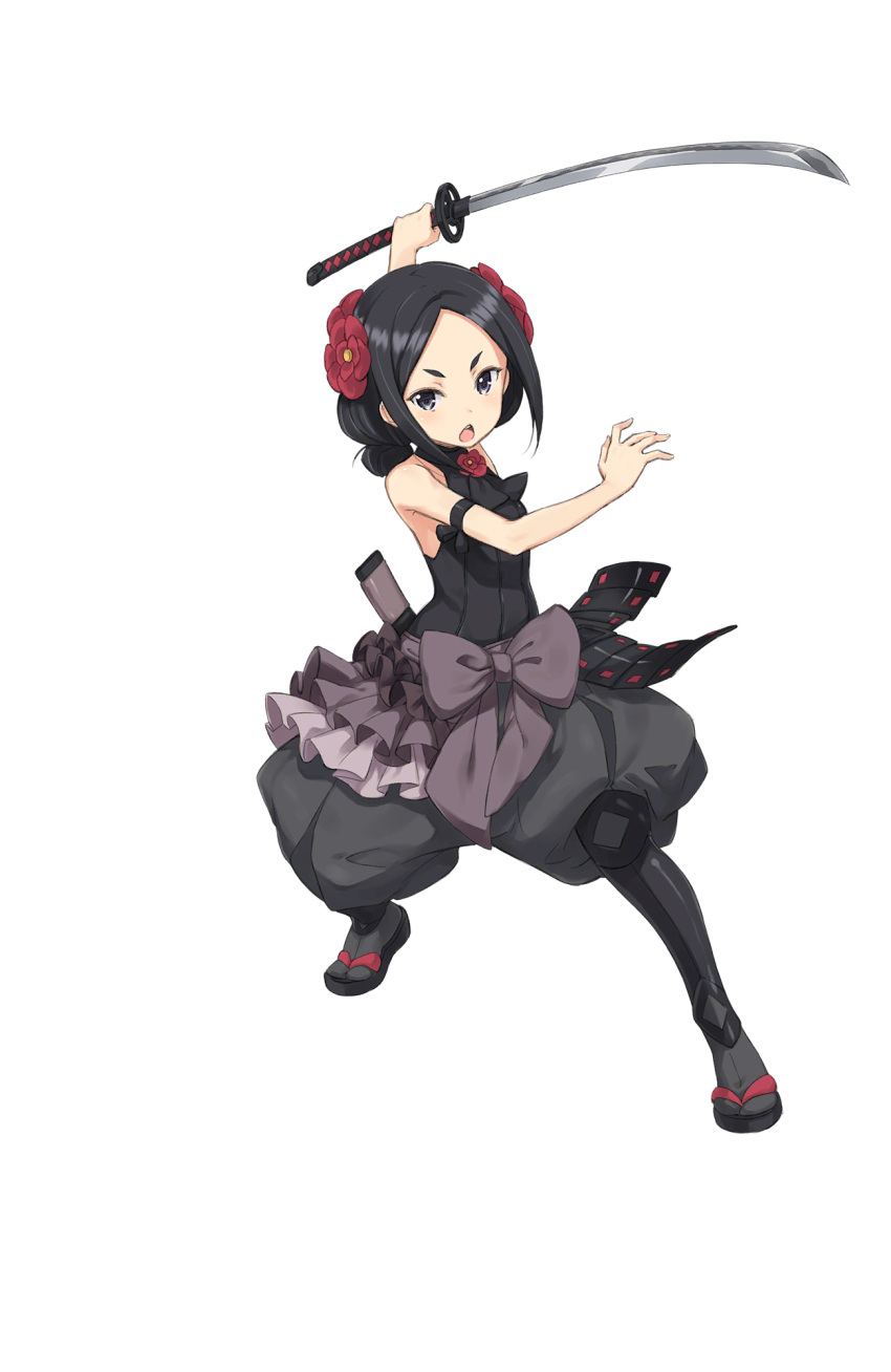 1girl black_eyes black_hair black_legwear eyebrows fighting_stance flower forehead hair_flower hair_ornament highres katana official_art open_mouth princess_principal princess_principal_game_of_mission sandals sheath solo standing sword toudou_chise weapon