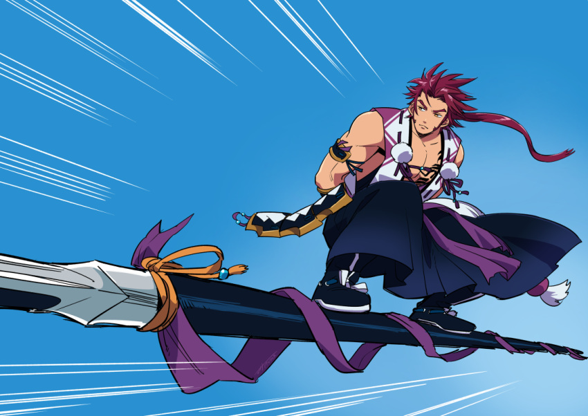 1boy arms_behind_back blue_sky dragon_ball emphasis_lines hakama japanese_clothes long_hair male_focus masato_(oal) parody pom_pom_(clothes) ponytail purple_hair serious sideburns sky sleeveless squatting surfing tao_pai_pai tonbokiri_(touken_ranbu) touken_ranbu yari