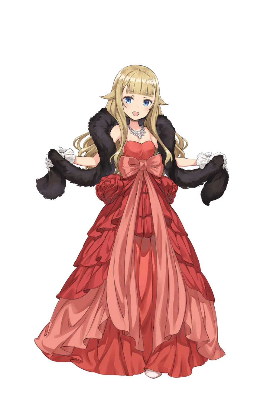 1girl blonde_hair blue_eyes bow dress feather_boa frilled_dress frills full_body gloves highres jewelry long_hair looking_at_viewer necklace pink_bow princess_(princess_principal) princess_principal princess_principal_game_of_mission red_dress solo standing white_gloves