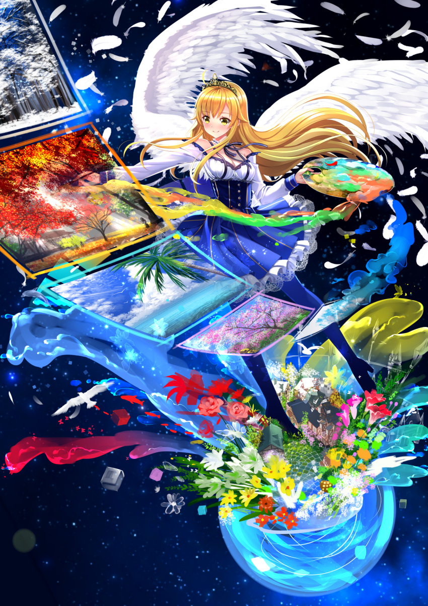 1girl ahoge angel_wings autumn_leaves bird blonde_hair breasts cherry_blossoms choker commentary_request dress feathered_wings feathers flower frilled_dress frills highres long_hair long_sleeves looking_away medium_breasts original paint painting_(object) palette palm_tree smile solo swordsouls tiara tree under_boob very_long_hair white_wings wings