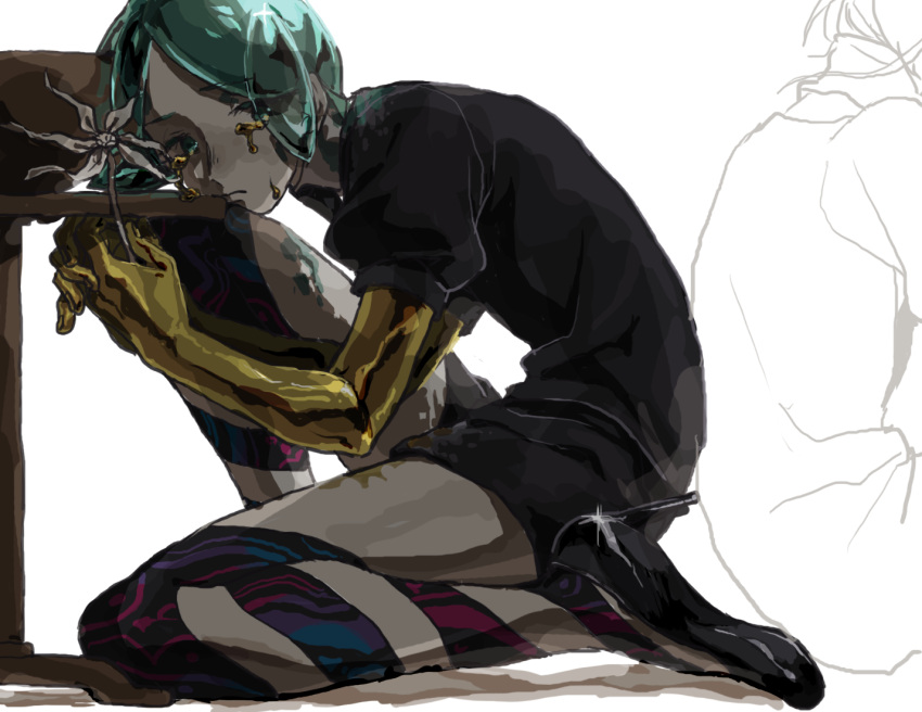 bent_knees closed_mouth crying flower green_eyes green_hair high_heels holding holding_flower houseki_no_kuni looking_at_viewer personification phosphophyllite sad short_hair short_sleeves sitting touhu_tige uniform white_background