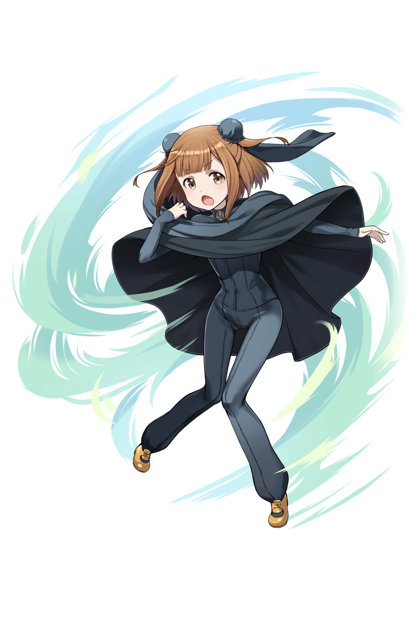 1girl :o bangs beatrice_(princess_principal) black_cape blunt_bangs brown_eyes brown_hair brown_shoes bun_cover cape double_bun highres looking_at_viewer official_art princess_principal princess_principal_game_of_mission shoes solo standing