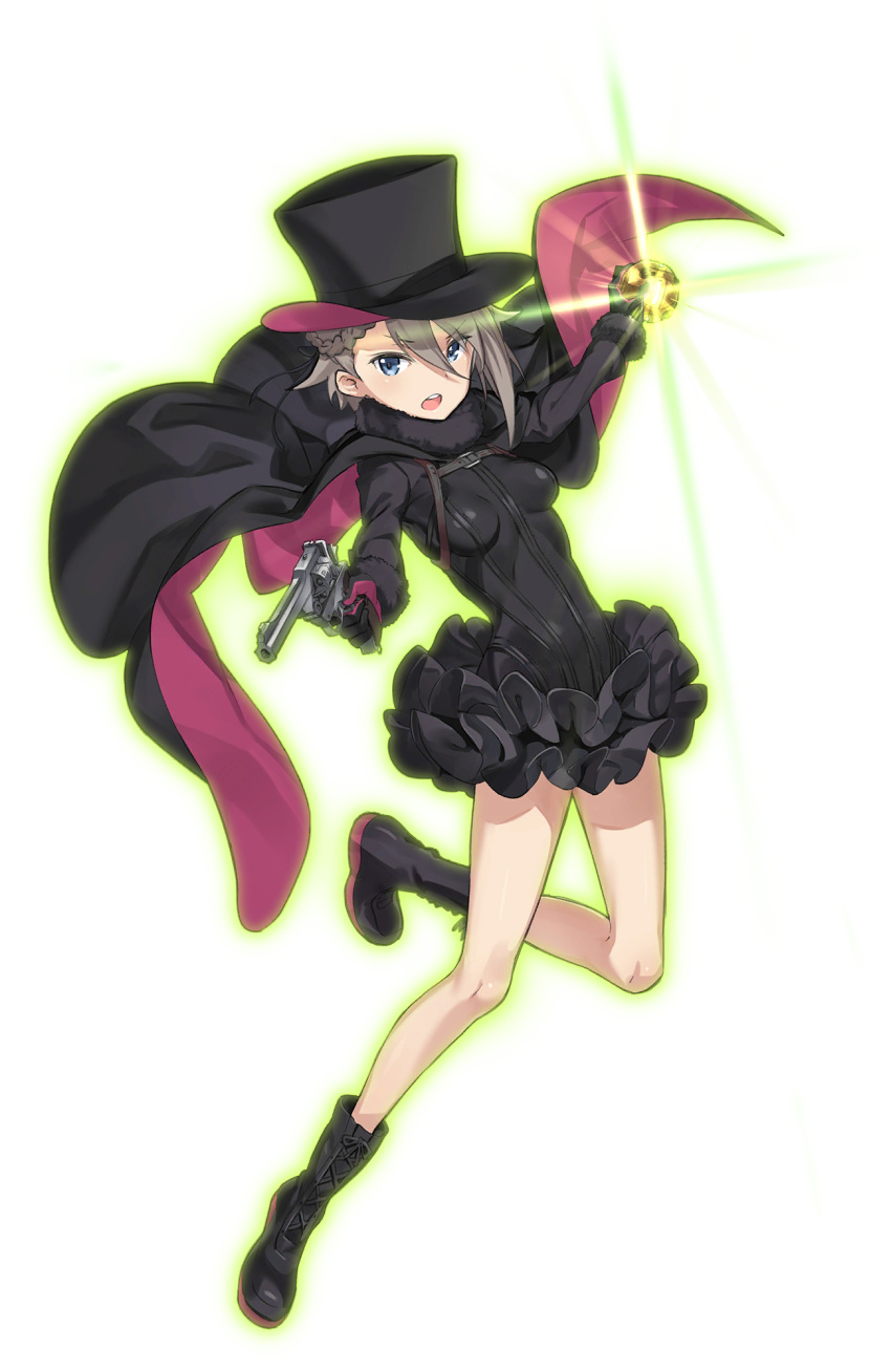 &gt;:o 1girl :o ange_(princess_principal) aura black_boots black_gloves black_hat black_shoes blue_eyes boots braid cape cavorite_ball full_body gloves glowing grey_hair gun hat highres holding holding_gun holding_weapon looking_at_viewer official_art princess_principal princess_principal_game_of_mission shoes solo top_hat weapon