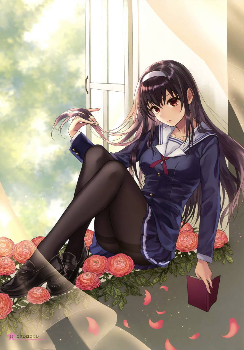 1girl absurdres black_jacket black_legwear black_shoes black_skirt blazer blurry blurry_background blush book breasts buttons closed_mouth curtains day eyebrows_visible_through_hair flower hairband hand_in_hair highres holding holding_book jacket kasumigaoka_utaha knees_up light_smile lips loafers long_hair long_sleeves medium_breasts miniskirt misaki_kurehito older open_book open_window page_number pantyhose petals pleated_skirt red_eyes saenai_heroine_no_sodatekata scan school_uniform shoes sitting skirt solo thighband_pantyhose very_long_hair white_hairband wind window windowsill