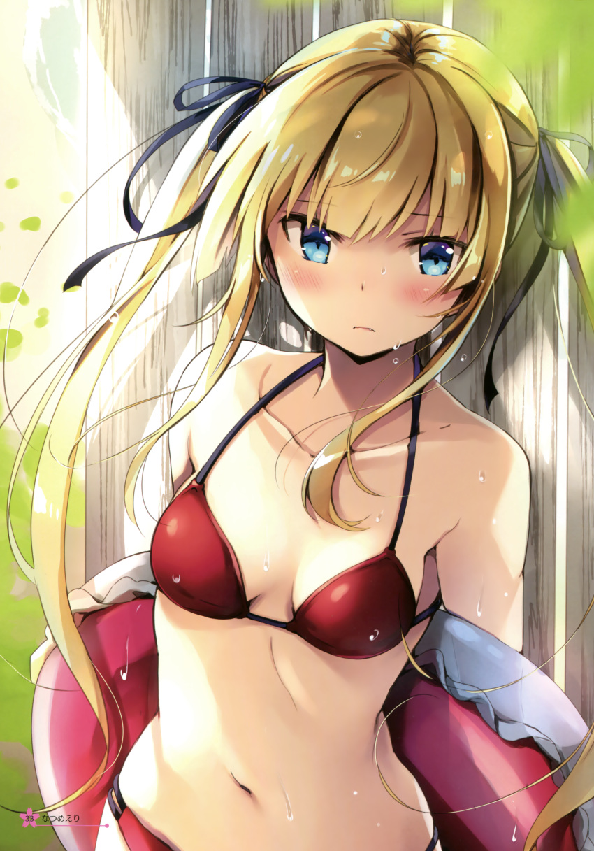 1girl absurdres against_wall arms_behind_back bare_shoulders bikini blonde_hair blue_eyes blush breasts closed_mouth cowboy_shot fang_out frown halterneck highres innertube natsume_eri navel outdoors red_bikini saenai_heroine_no_sodatekata sawamura_spencer_eriri scan sidelocks small_breasts solo swimsuit twintails wet