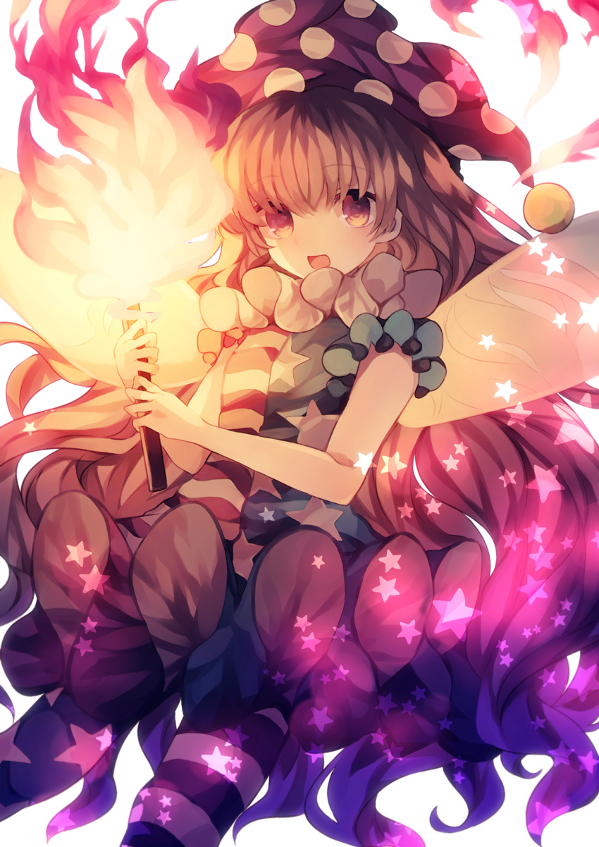 1girl american_flag_dress american_flag_legwear bangs blonde_hair clownpiece dress fairy_wings fire hat highres holding jester_cap long_hair looking_at_viewer neck_ruff pantyhose polka_dot red_eyes short_dress short_sleeves simple_background smile solo star star_print striped torch touhou very_long_hair wavy_hair white_background wings wiriam07