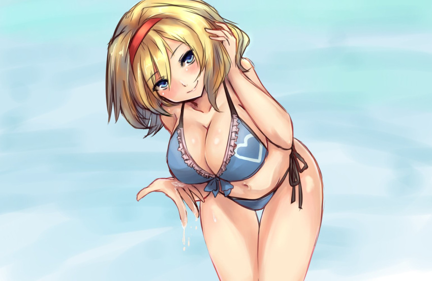 1girl alice_margatroid amagi_(amagi626) bare_arms bikini blonde_hair blue_bikini blue_eyes breasts cleavage cowboy_shot hairband halter_top halterneck head_tilt large_breasts leaning_forward looking_at_viewer navel red_hairband side-tie_bikini smile solo standing swimsuit thigh_gap touhou water