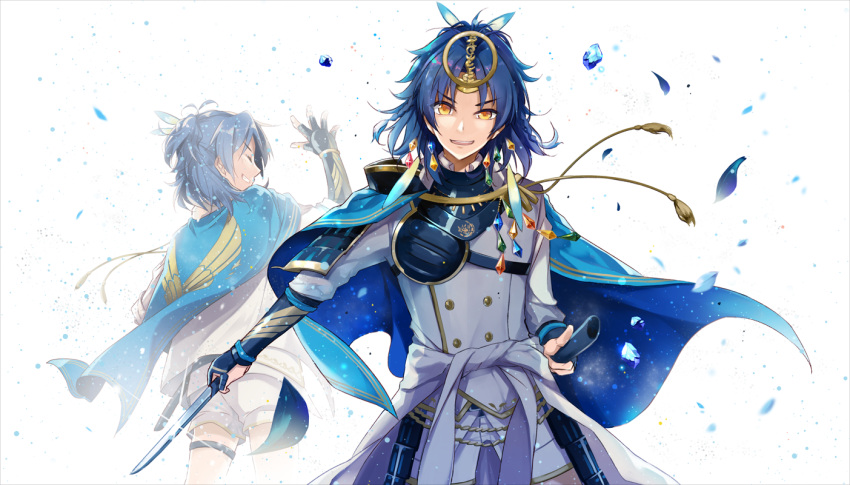 1boy armor blue_hair cape closed_eyes crystal dual_persona feathers grin hair_feathers hirai_yuzuki japanese_armor kiwame_(touken_ranbu) male_focus open_mouth petals sheath shorts smile sode taikogane_sadamune tantou touken_ranbu waving weapon yellow_eyes