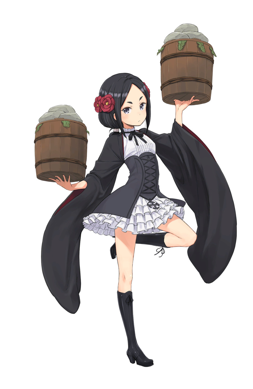 1girl black_boots black_eyes black_hair boots bucket eyebrows flower frilled_skirt frills hair_flower hair_ornament highres holding_bucket looking_at_viewer official_art princess_principal princess_principal_game_of_mission school_uniform skirt solo standing standing_on_one_leg toudou_chise white_skirt wide_sleeves