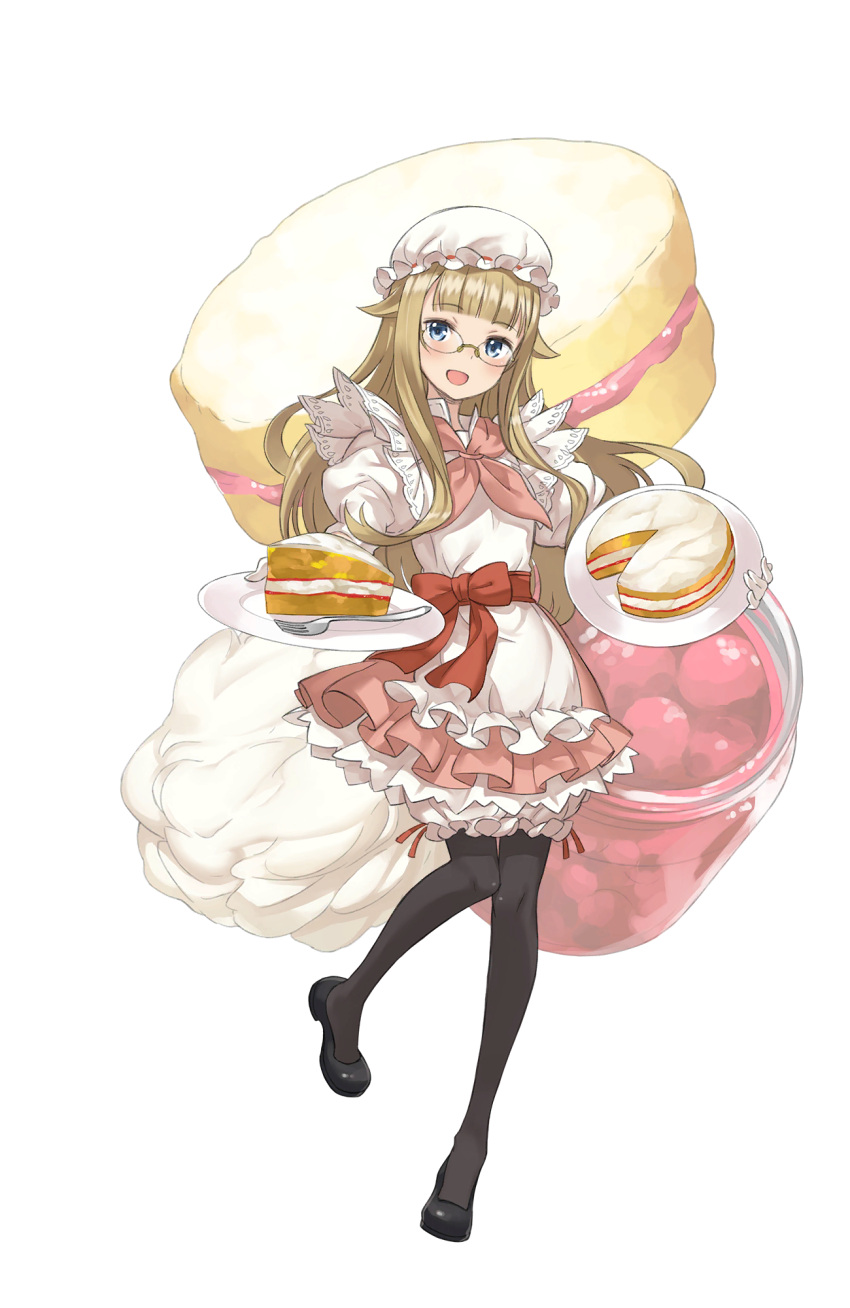 1girl :d alternate_costume bangs black_legwear black_shoes blonde_hair blue_eyes blunt_bangs bow dessert food fork full_body glasses gloves hat highres holding holding_plate jam long_hair looking_at_viewer official_art open_mouth pantyhose pink_bow pink_skirt plate princess_(princess_principal) princess_principal princess_principal_game_of_mission shoes skirt smile solo standing white_gloves white_hat