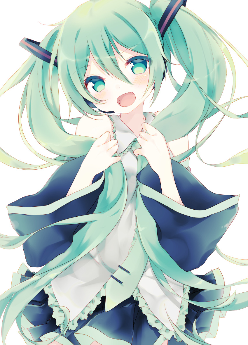 1girl :d absurdres backlighting bangs black_skirt cowboy_shot detached_sleeves eyebrows_visible_through_hair green_eyes green_hair hair_between_eyes hands_up hatsune_miku highres kida_mochi long_hair looking_at_viewer open_mouth pleated_skirt simple_background skirt smile solo tareme twintails very_long_hair vocaloid white_background