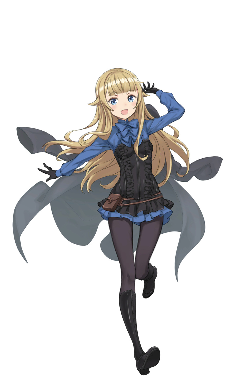 1girl :d black_gloves black_legwear blonde_hair blue_bow blue_eyes bow full_body gloves hand_up highres jacket jacket_removed long_hair looking_at_viewer official_art open_mouth outstretched_arm pouch princess_(princess_principal) princess_principal princess_principal_game_of_mission smile solo standing