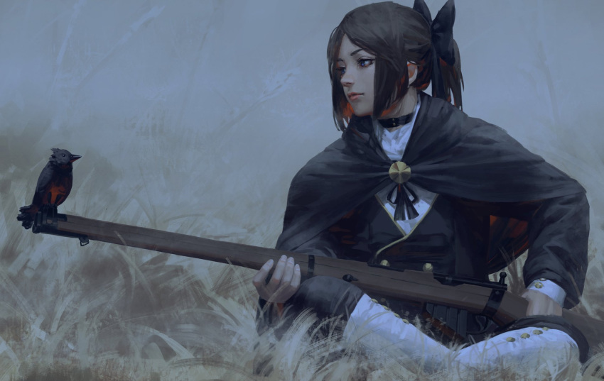 1girl bird blue_eyes bolt_action boots brown_hair cape choker closed_mouth commentary grass gun guweiz highres holding holding_gun holding_weapon long_sleeves looking_away original photo_reference ponytail profile rifle short_ponytail sitting solo weapon white_boots