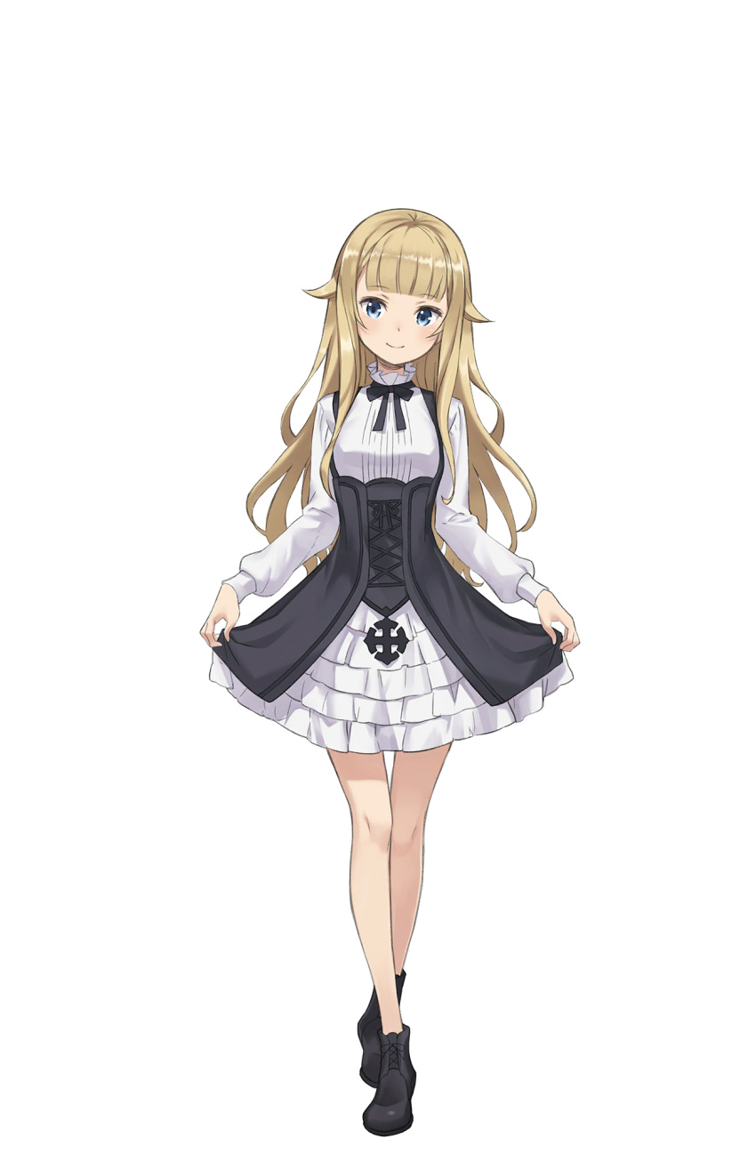 1girl black_shoes blonde_hair blue_eyes full_body highres looking_at_viewer official_art princess_(princess_principal) princess_principal princess_principal_game_of_mission school_uniform shoes skirt_hold smile solo standing