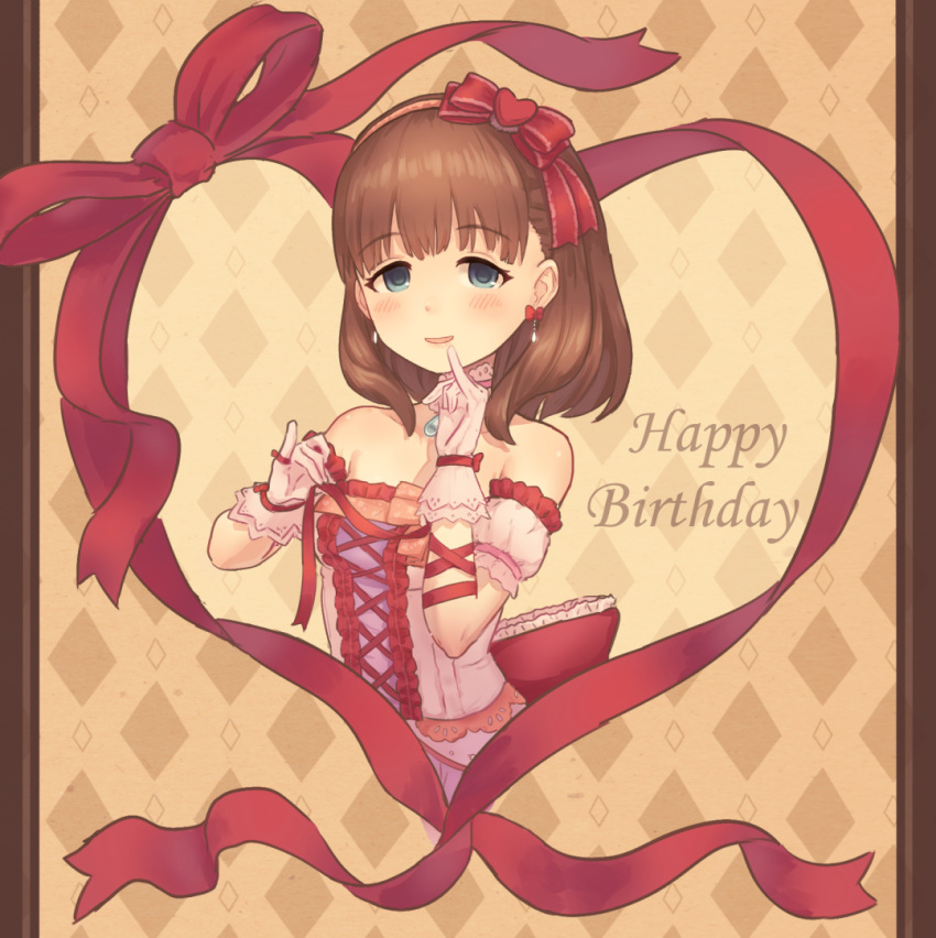 1girl bionekojita blue_eyes blush breasts brown_hair earrings eyebrows_visible_through_hair gloves happy_birthday idolmaster idolmaster_cinderella_girls idolmaster_cinderella_girls_starlight_stage jewelry looking_at_viewer medium_breasts parted_lips red_ribbon ribbon sakuma_mayu smile solo white_gloves