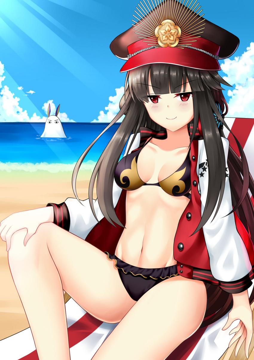 &gt;:) 1girl beach bikini black_bikini black_hair blue_sky chair clouds demon_archer fate/grand_order fate_(series) frilled_bikini frills hat highres horizon jacket koha-ace long_hair looking_at_viewer lounge_chair medjed peaked_cap red_eyes sitting sky smile swimsuit two-tone_jacket yan_lie