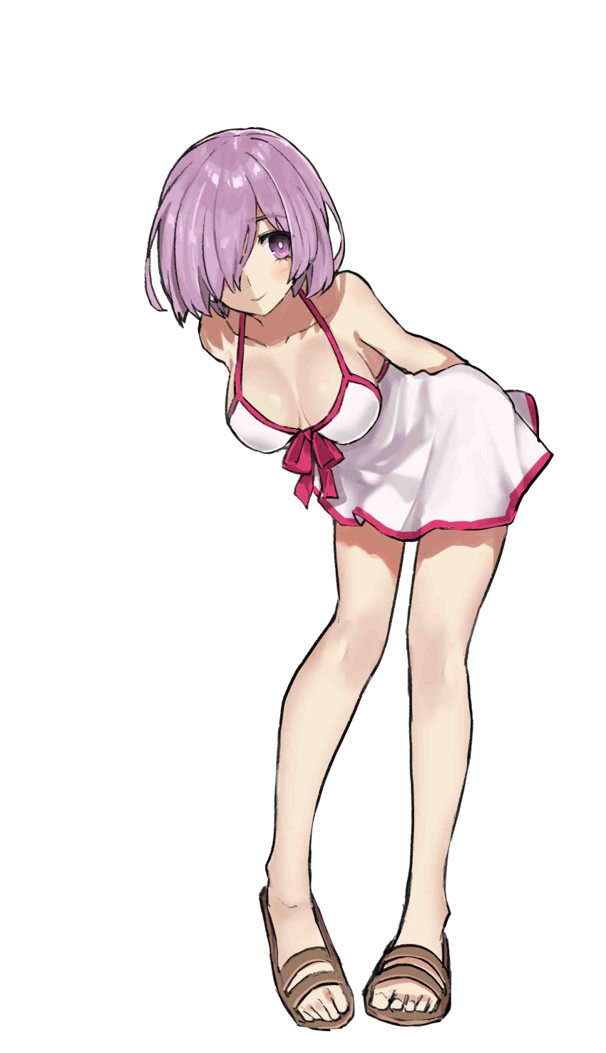 1girl absurdres bare_arms bare_legs bare_shoulders blush breasts closed_mouth collarbone dress eyebrows_visible_through_hair fate/grand_order fate_(series) full_body hair_over_one_eye highres large_breasts leaning_forward looking_at_viewer one_eye_covered purple_hair sandals sandals_barefoot shielder_(fate/grand_order) simple_background smile solo teshima_nari violet_eyes white_background white_dress