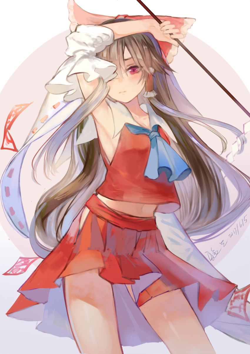 1girl arm_up armpits bow brown_hair contrapposto detached_sleeves gohei hair_bow hair_tubes hakurei_reimu highres hip_vent holding long_hair looking_at_viewer midriff miniskirt navel ofuda ookamisama red_bow red_eyes red_skirt ribbon-trimmed_sleeves ribbon_trim skirt skirt_set solo standing touhou