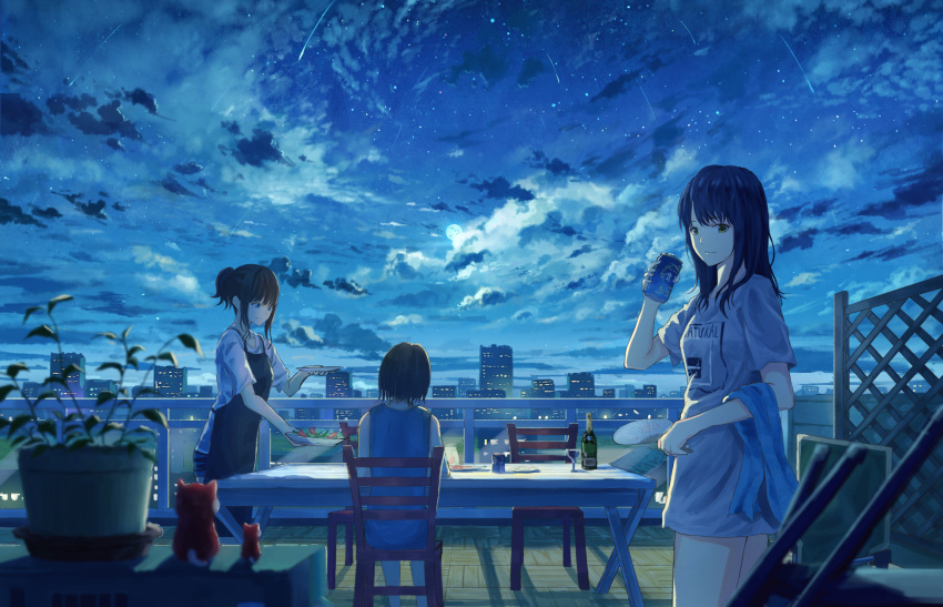 3girls apron beer_can black_hair blue_eyes blurry bottle can chair city_lights cityscape clothes_writing clouds commentary cowboy_shot cup depth_of_field dress drinking_glass expressionless fan figure from_behind full_moon highres k_ryo looking_at_another looking_at_viewer looking_down moon multiple_girls night night_sky original outdoors paper_fan plant plate potted_plant rooftop salad shadow shirt shooting_star short_hair short_hair_with_long_locks short_ponytail sky sleeveless sleeveless_dress smile standing star_(sky) starry_sky t-shirt table trellis uchiwa wine_bottle wine_glass wooden_floor yellow_eyes