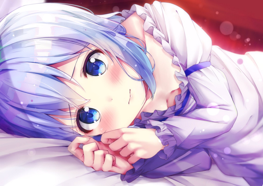 1girl bangs bed_sheet blue_eyes blue_hair blurry blush breasts commentary_request depth_of_field gochuumon_wa_usagi_desu_ka? highres kafuu_chino lens_flare long_hair long_sleeves looking_at_viewer lying off_shoulder on_bed on_side rouka_(akatyann) small_breasts solo tareme