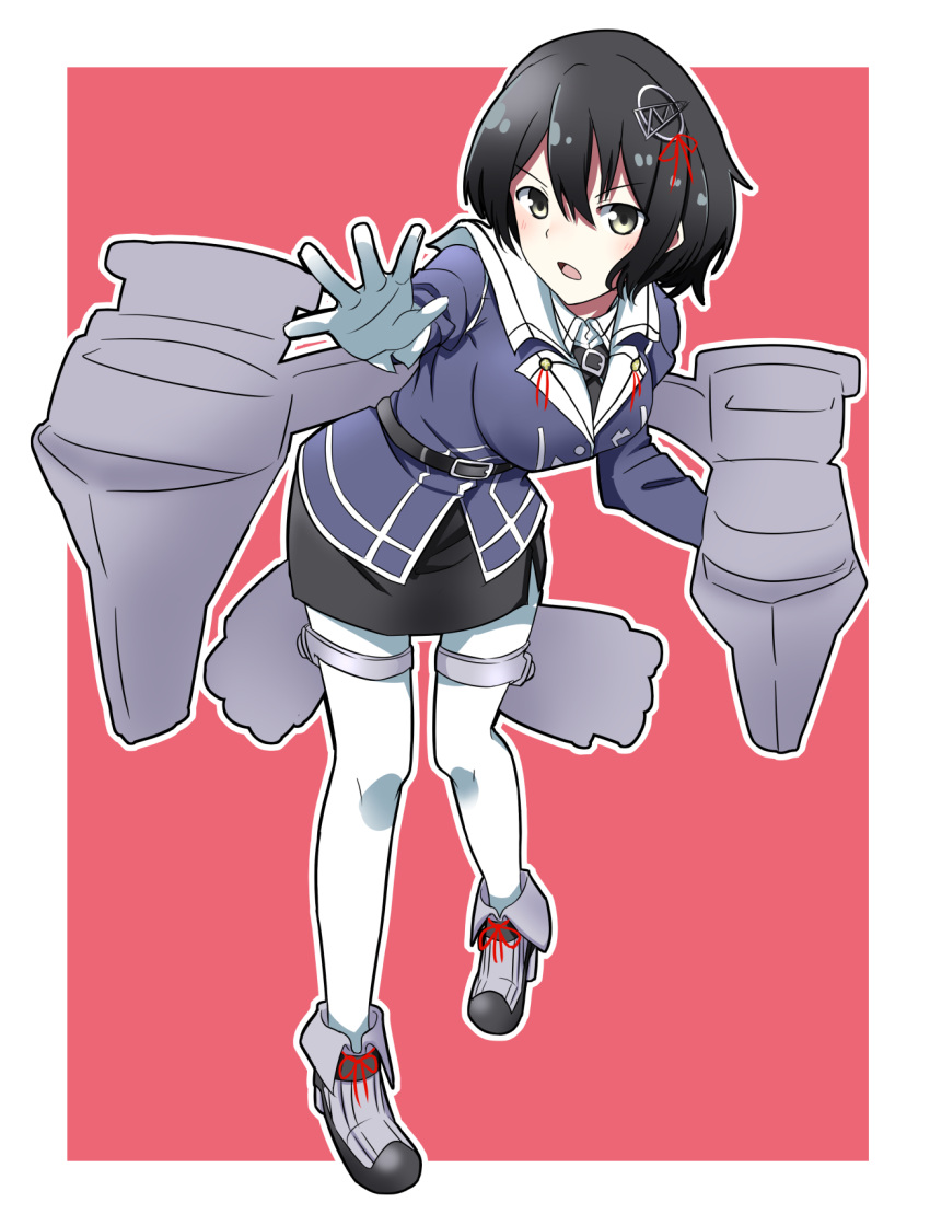 1girl black_hair black_skirt brown_eyes full_body haguro_(kantai_collection) hair_ornament highres kagari_leroy kantai_collection looking_at_viewer machinery military military_uniform miniskirt pantyhose pose red_background remodel_(kantai_collection) rigging short_hair simple_background skirt solo uniform white_legwear