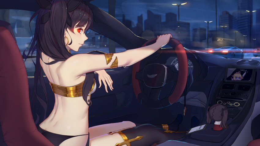 1girl anklet arm armlet artoria_pendragon_(all) asymmetrical_legwear back bangs bare_arms bare_back bare_legs bare_shoulders black_hair black_legwear black_panties black_ribbon breasts car car_interior character_doll chibi cityscape closed_mouth cockpit crown depth_of_field driving earrings eyebrows_visible_through_hair fate/grand_order fate_(series) female ground_vehicle hair_over_shoulder hair_ribbon highres highway holding holding_sword holding_weapon hoop_earrings indoors ishtar_(fate/grand_order) jewelry lamborghini lamborghini_gallardo langya_beike legs lens_flare long_hair looking_at_viewer looking_back lots_of_jewelry neck_ring night night_sky no_crown panties parted_bangs profile red_eyes revealing_clothes ribbon saber sidelocks single_thighhigh sitting sky small_breasts smile solo strapless sunglasses swimsuit sword thigh-highs thighlet tohsaka_rin tsurime two_side_up type-moon vehicle wavy_hair weapon