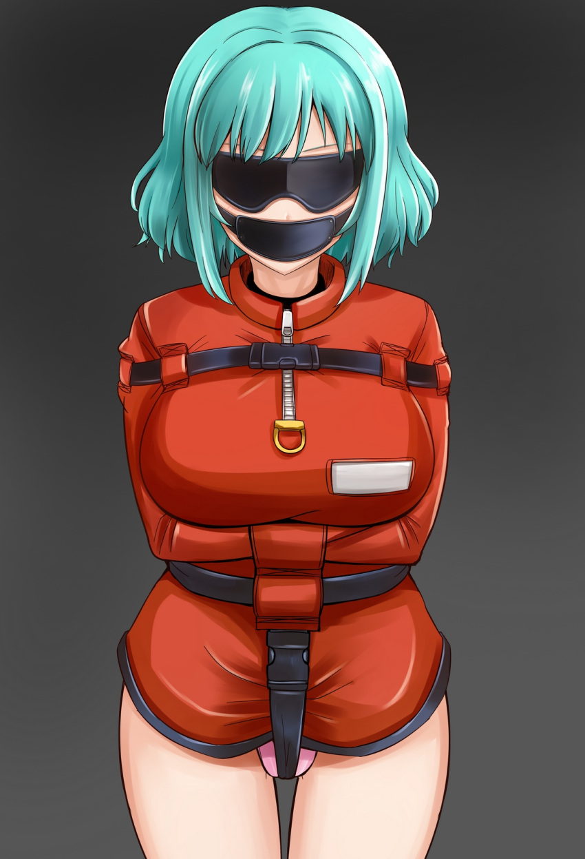 1girl aqua_hair belt blindfold bound breasts gagged grey_background highres large_breasts original panel_gag panties ribeiku short_hair straitjacket tied_up underwear zipper