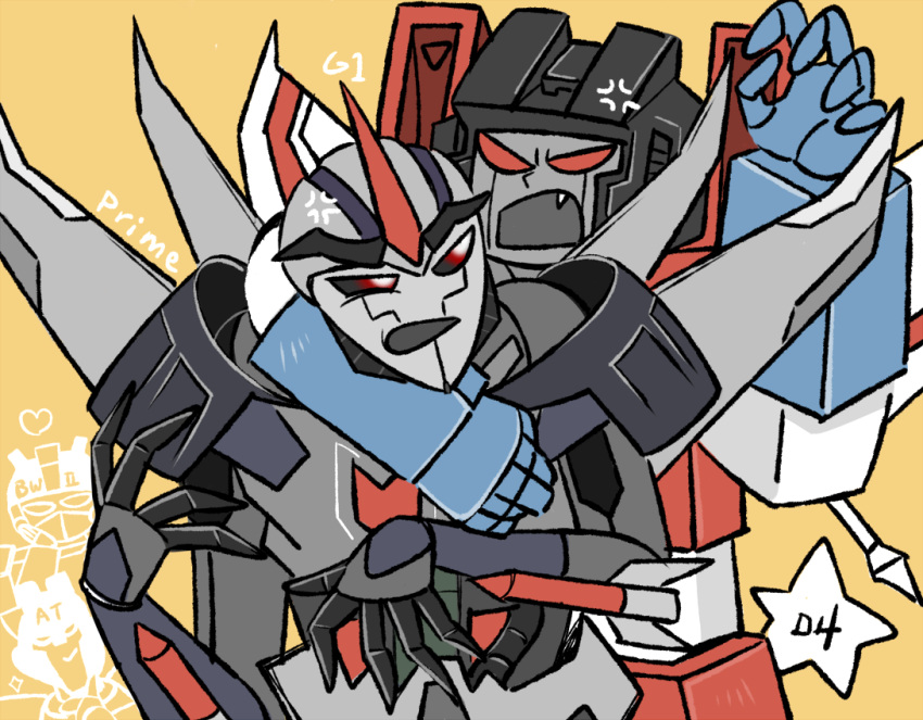 2boys 80s anger_vein angry artist_request cannon decepticon dual_persona machine machinery mecha missile multiple_boys multiple_persona no_humans oldschool open_mouth personification red_eyes robot starscream transformers transformers_prime weapon