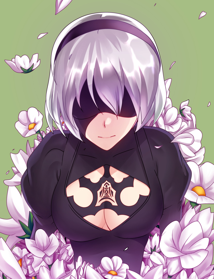 1girl absurdres blindfold cleavage_cutout closed_mouth collarbone covered_eyes facing_viewer gradient_hair green_background grey_hair hairband highres long_sleeves multicolored_hair nier_(series) nier_automata no_mole petals puffy_long_sleeves puffy_sleeves purple_flower short_hair silver_hair simple_background solo white_flower white_hair wintersteam yorha_no._2_type_b