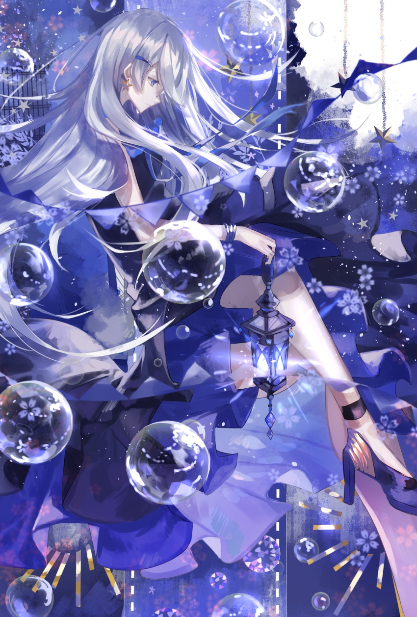 1girl air_bubble bangs birdcage blue_dress bubble cage closed_mouth dress floating_hair from_side hair_ornament hairclip high_heels highres long_hair original pennant sidelocks sitting solo star tsugutoku very_long_hair wind_chime