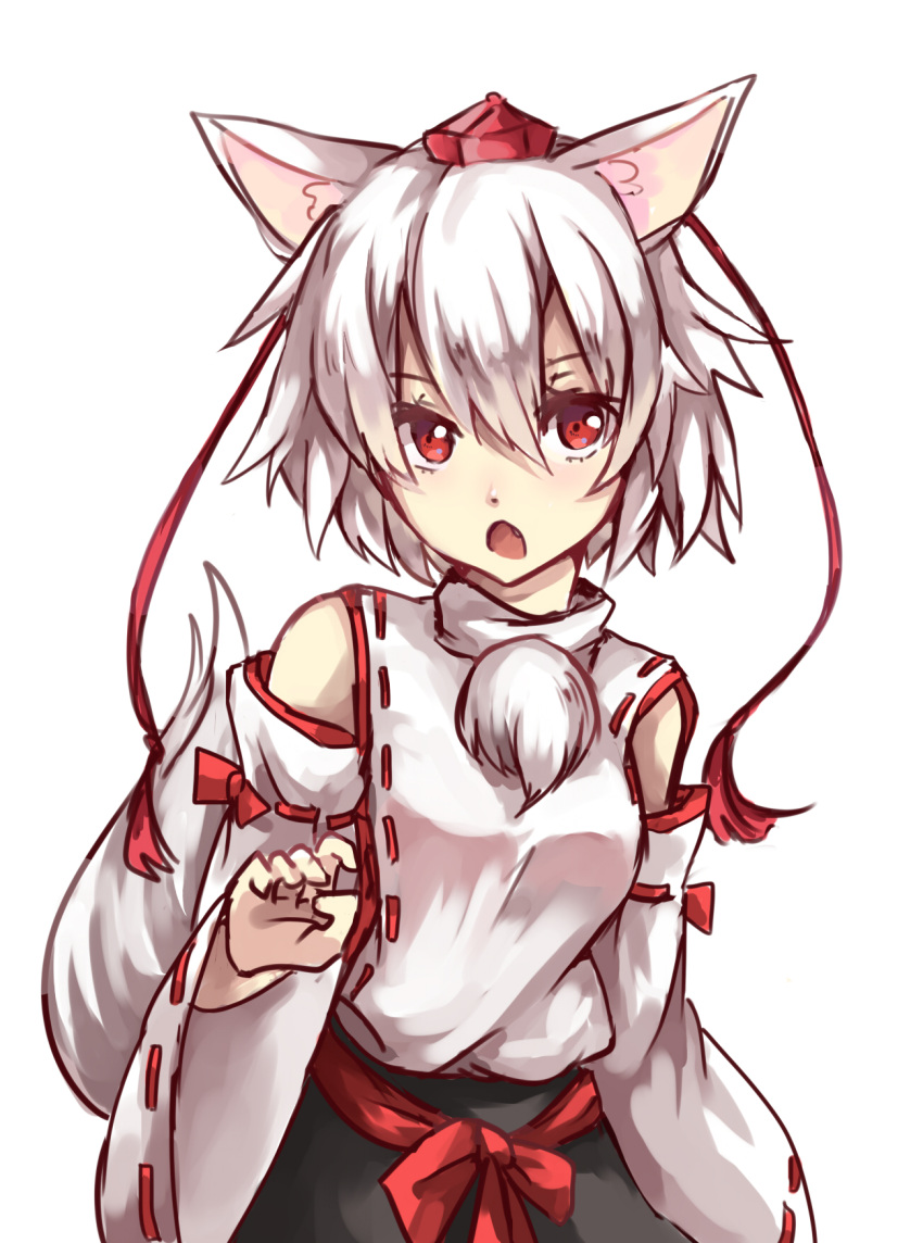 1girl animal_ears bare_shoulders breasts detached_sleeves hat highres inubashiri_momiji medium_breasts open_mouth pom_pom_(clothes) red_eyes ribbon-trimmed_sleeves ribbon_trim short_hair silver_hair simple_background solo tail tokin_hat touhou white_background wolf_ears wolf_tail