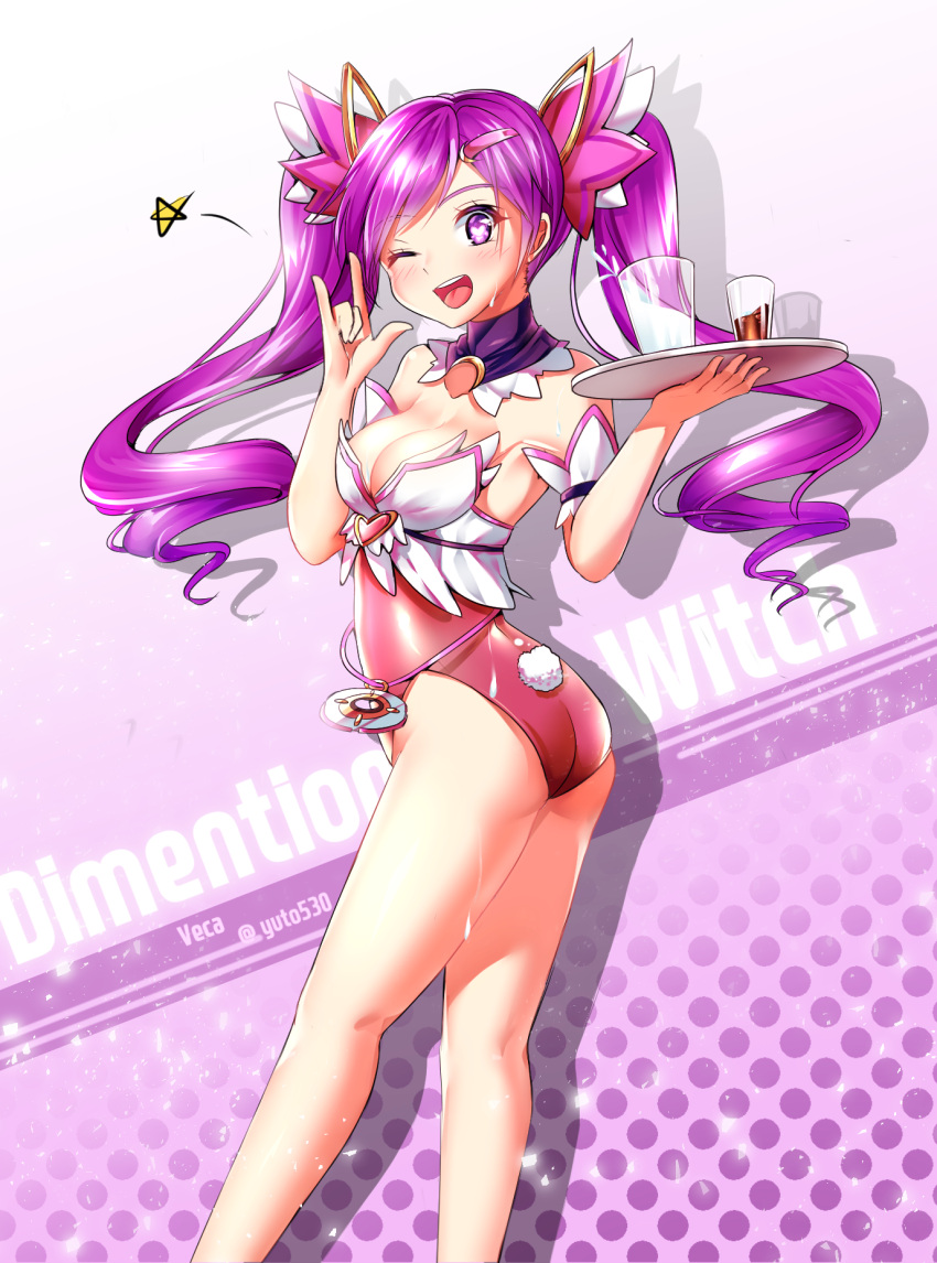 1girl ;d aisha_(elsword) arm_strap artist_name ass breasts bunny_tail character_name choker cleavage dimension_witch_(elsword) elsword glass hair_ornament hairclip highres holding leotard long_hair medium_breasts one_eye_closed open_mouth purple_hair red_leotard smile solo standing star strapless strapless_leotard tail tongue twintails veca very_long_hair violet_eyes
