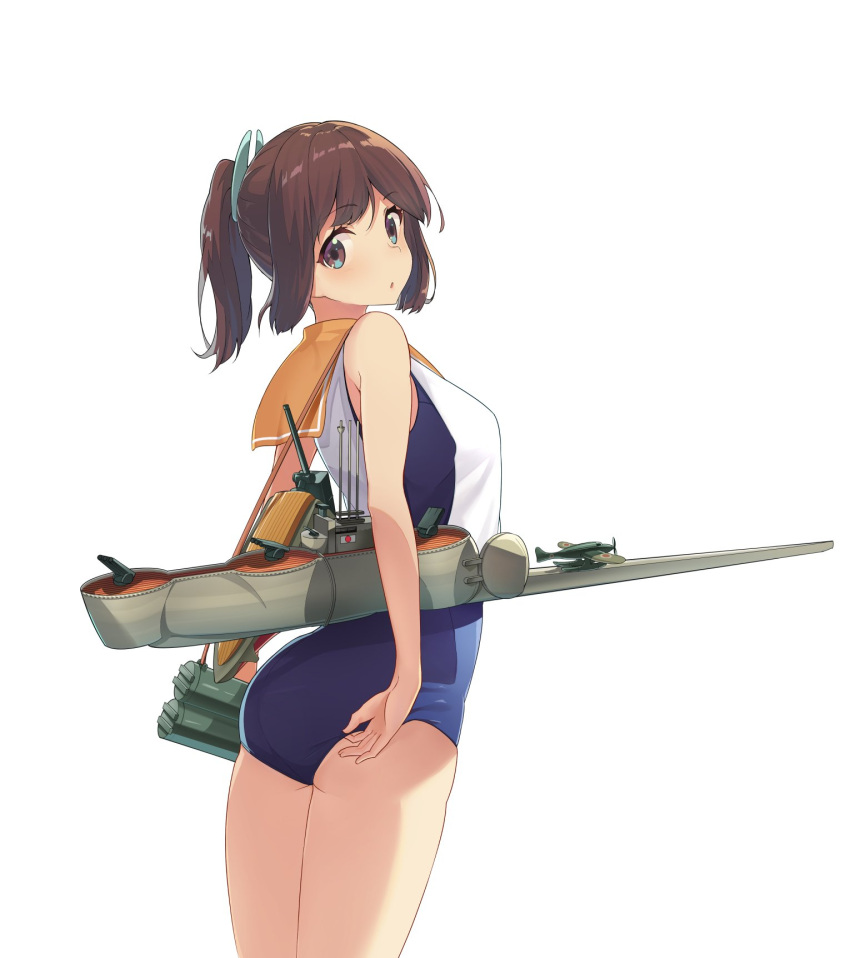 1girl adjusting_clothes adjusting_swimsuit ass bare_shoulders brown_eyes brown_hair from_behind highres i-401_(kantai_collection) kantai_collection looking_at_viewer looking_back one-piece_swimsuit oweee ponytail sailor_collar school_swimsuit short_hair short_ponytail simple_background solo swimsuit tan weapon white_background