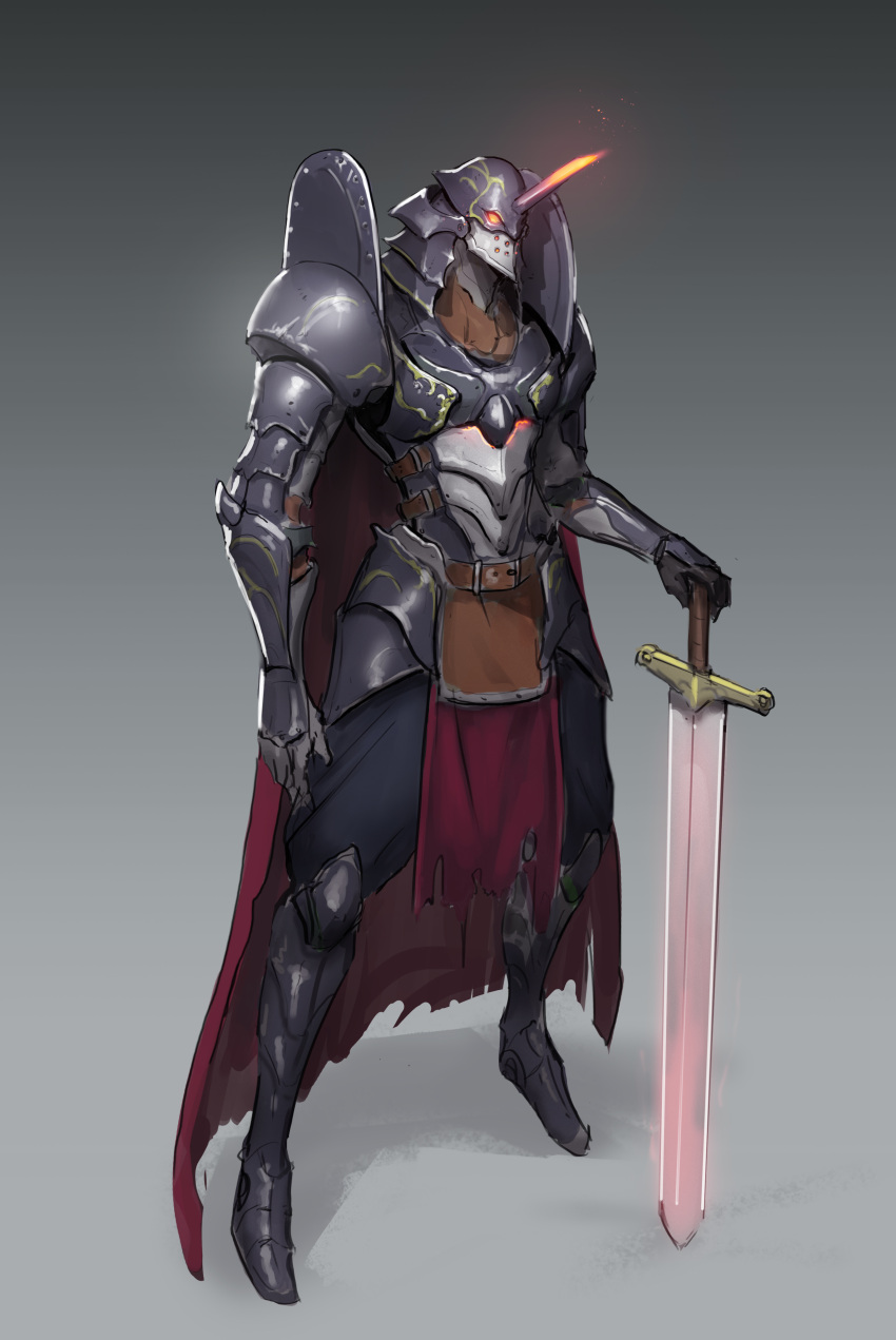 absurdres armor cape claymore_(sword) commentary eva_01 full_armor full_body glowing glowing_eyes helmet highres horned_helmet jeffrey_chen knight loincloth neon_genesis_evangelion planted_sword planted_weapon red_eyes redesign solo sword weapon