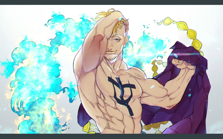 1boy abs blonde_hair blue_eyes blue_fire facial_hair fire highres letterboxed male_focus marco muscle muyukikiyoshi11521 one_piece stubble tattoo