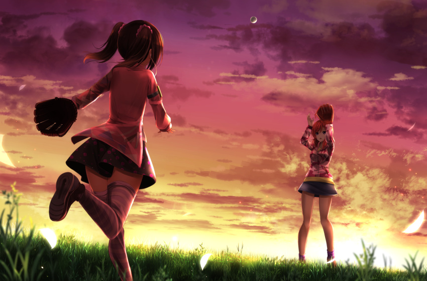 2girls arms_up baseball_bat black_hair black_skirt grass hair_ornament hair_scrunchie highres long_hair love_live! love_live!_school_idol_project miniskirt multiple_girls nishikino_maki one_leg_raised open_mouth orein outdoors pink_shirt purple_legwear redhead running scrunchie shirt skirt socks standing striped striped_legwear thigh-highs twintails yazawa_nico zettai_ryouiki